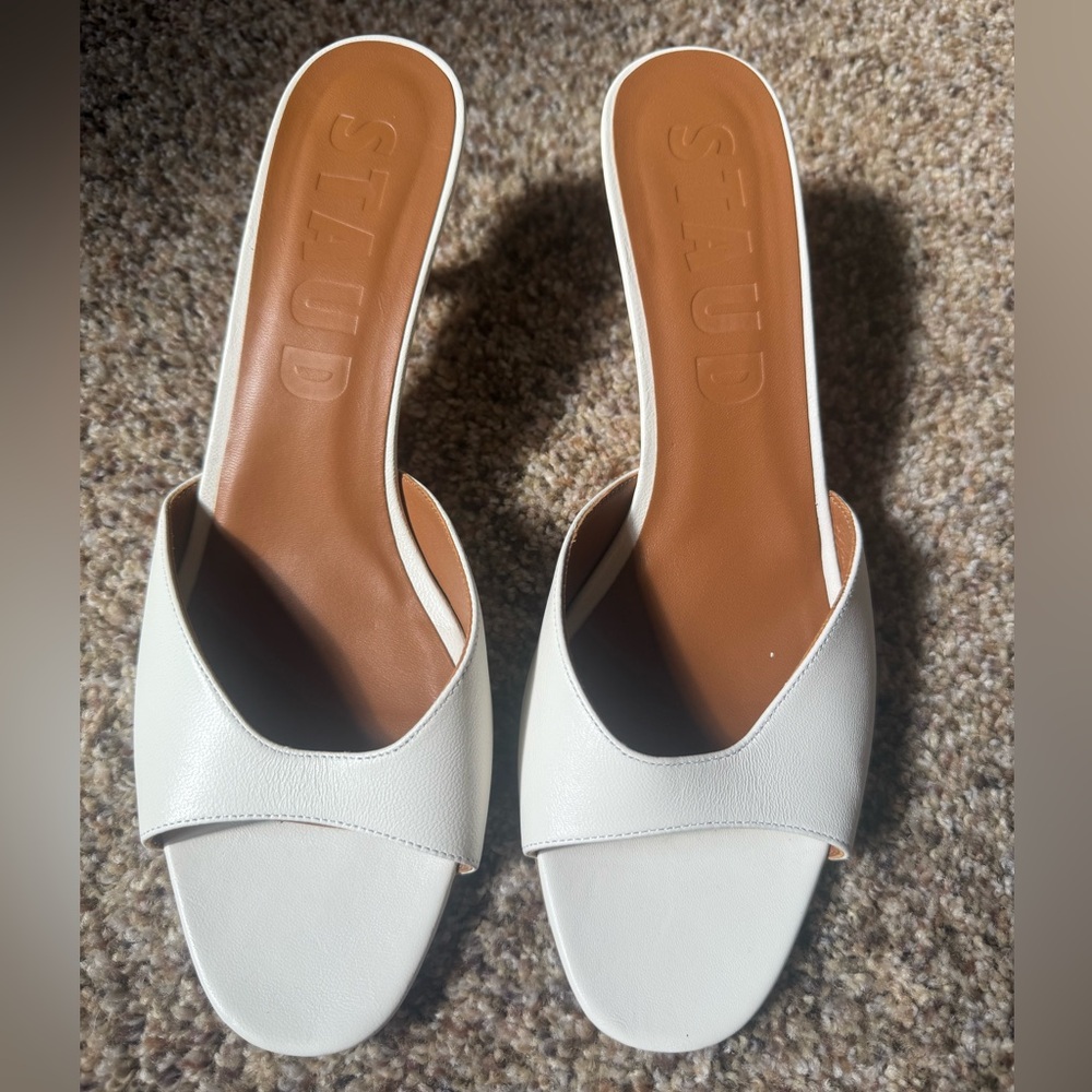 STAUD White Leather Slide Mules with Tan Insole